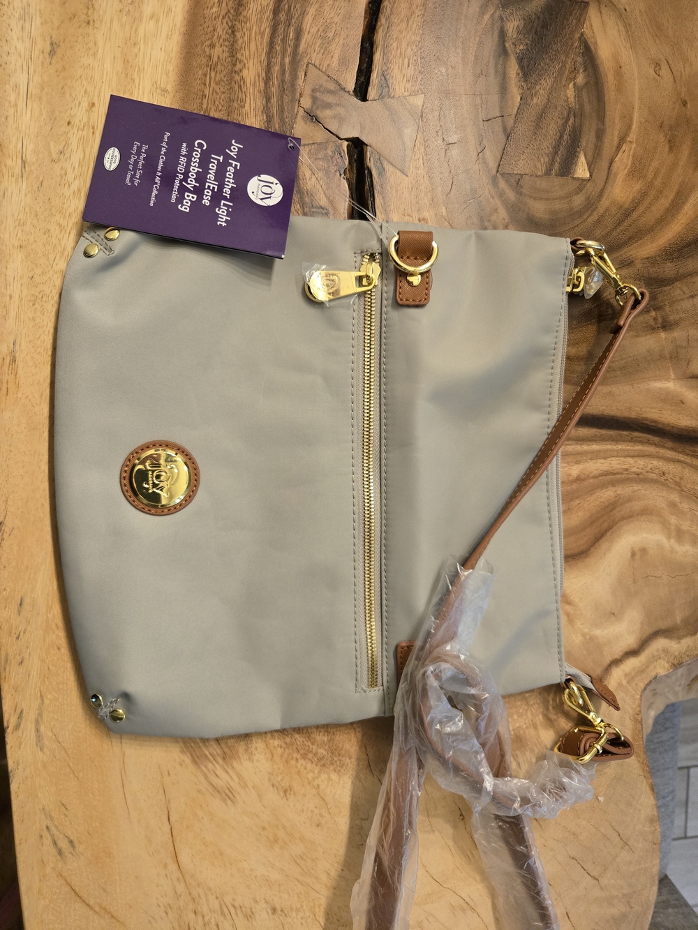 Lightweight Crossbody Bag in Light Gray with Gold Hardware